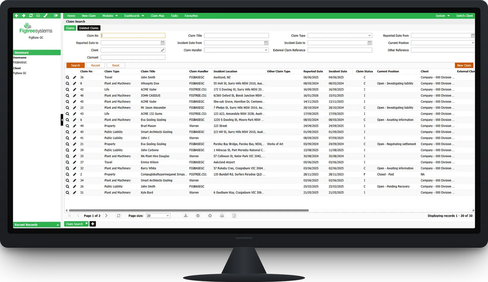 Figtree Systems insurance claims management software dashboard showing claim search and list view