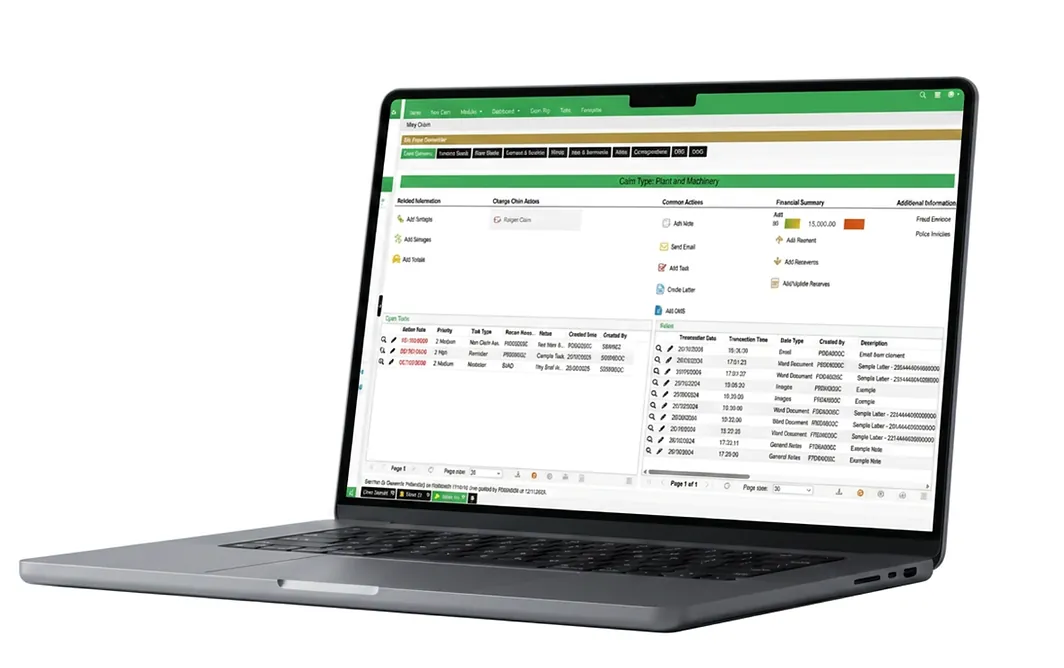 Figtree Systems insurance claims management software shown on laptop