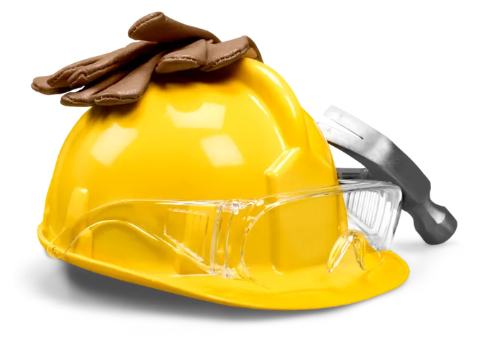 Safety hard hat, protective glasses, glove and hammer