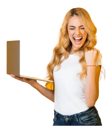 Lady in white shirt holding laptop, cheering with fist pump