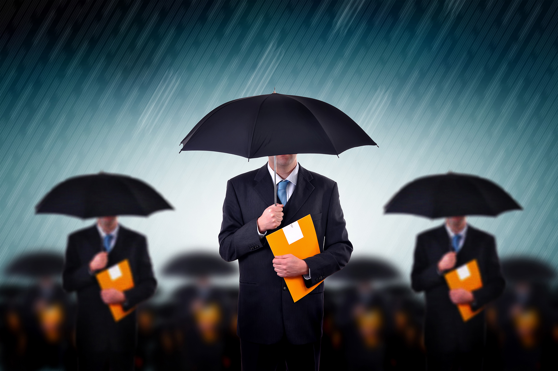 Three men in dark suits holding umbrellas and clip boards standing in the rain